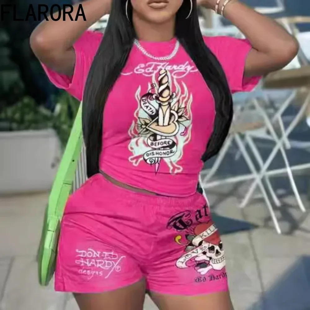 FLARORA Fashion Printing Womens Two Pieces Set Shorts Sleeve Tops And Bike Shorts Tracksuits Sets Y2k Streetwear Female Outfits 250226