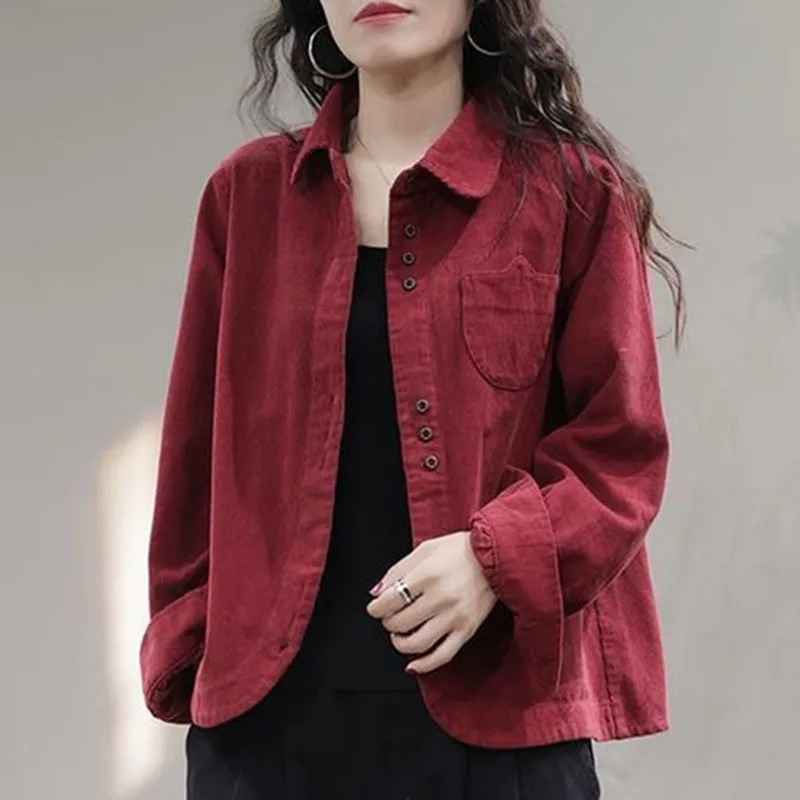 Women Lapel Collar Corduroy Shirt Coat Spring And Autumn Female Long Sleeved Cardigan Blouse Jacket Korean Ladies Blue Top 250227