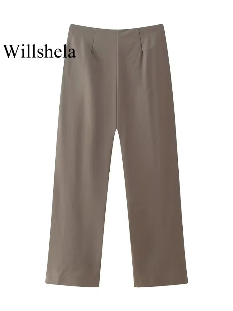 Willshela Women Fashion Two Piece Set Brown Pleated Halter Neck Tops Straight Pants Vintage Female Chic Lady Suit 250226