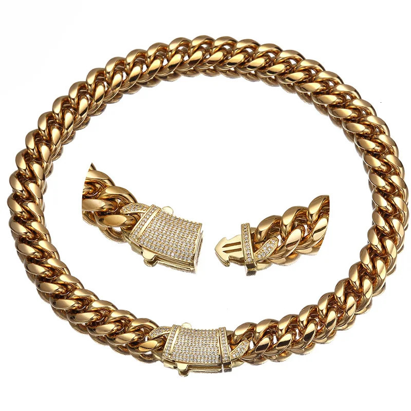 6-14mm Gold Color Stainless Steel Cuban Miami Chains Necklaces CZ Zircon Box Lock Link Chain for Men Hip Hop Rock jewelry 250227