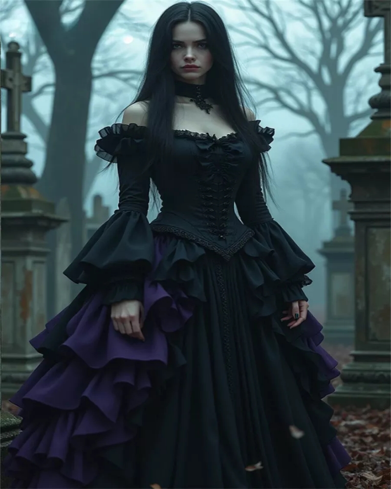 Ruffle Black And Purple Gothic Prom Dresses Off Shoulder Flare Long Sleeves A-Line Long Vintage Evening Gown For Women 2025 Special Occasion