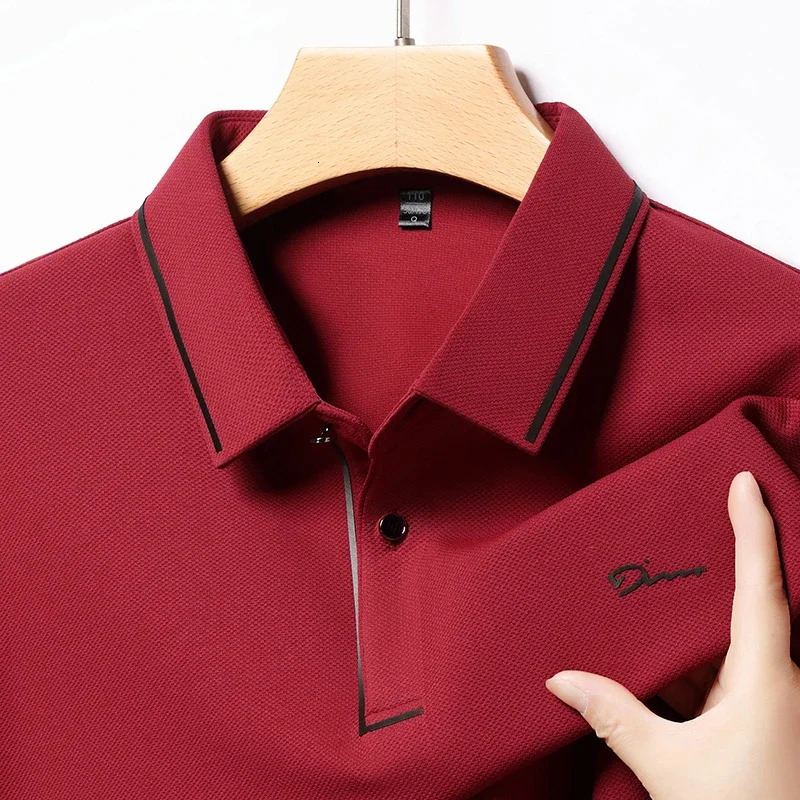 mens business casual long sleeved shirt with badge solid color polo shirt fashionable breathable and comfortable lapel top 250225