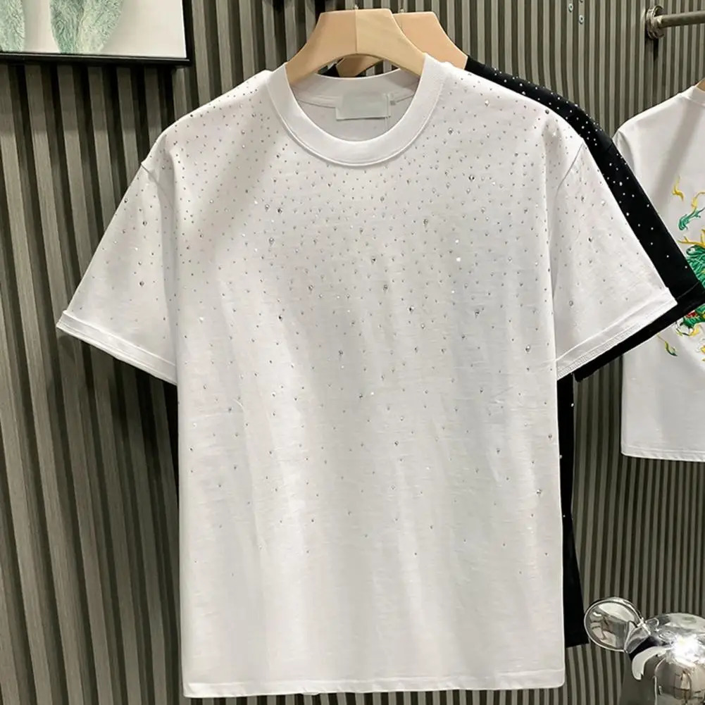 Summer Men T-shirt Rhinestone Decor Round Neck Loose Pure Color Short Sleeves Pullover Casual Mid Length Daily Wear Sport Top 250226