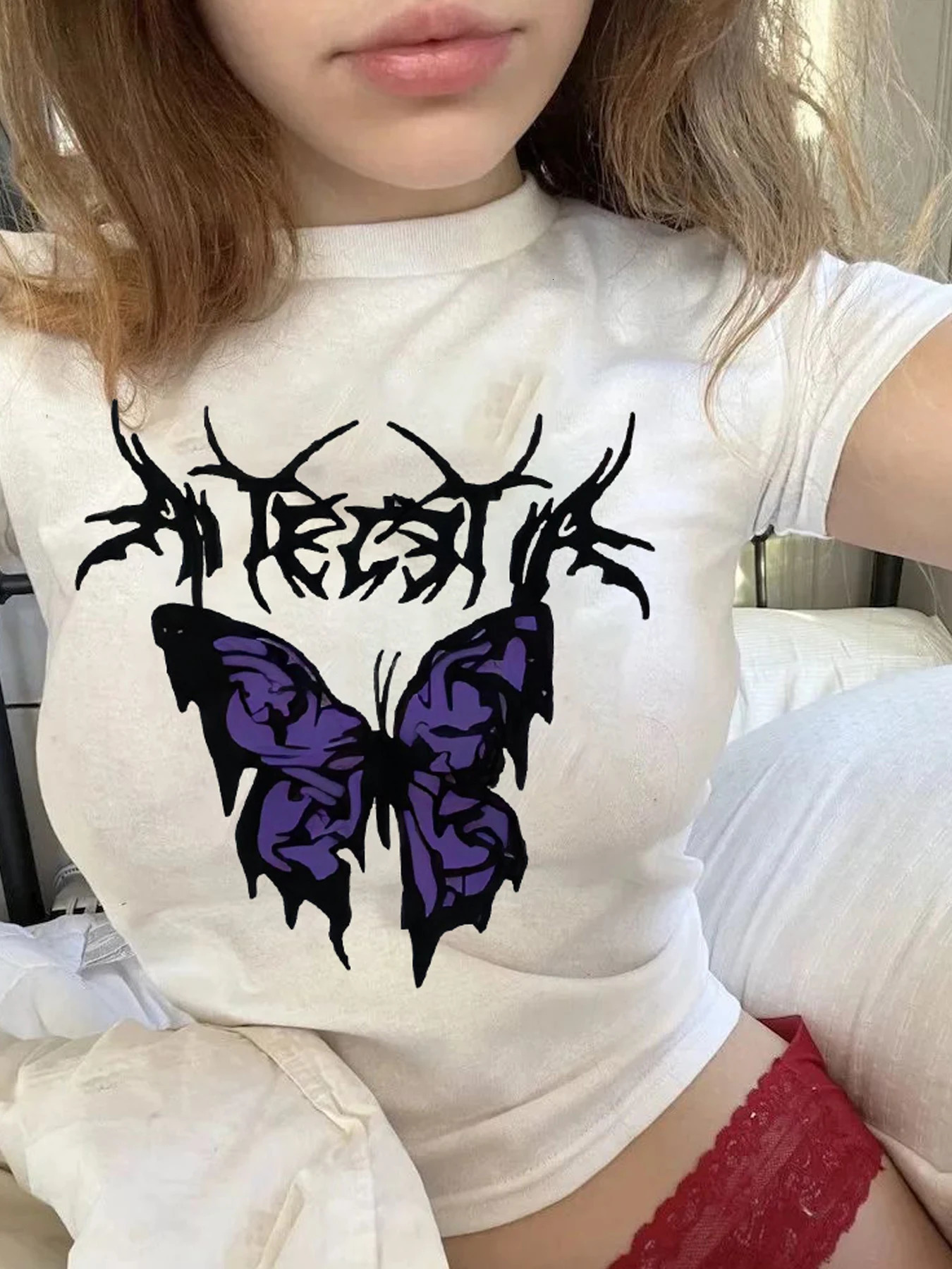 Womens Y2K Gothic Harajuku Butterfly T-shirt Pattern Slogan n Graphic Crop Top Cute T shirt 250227