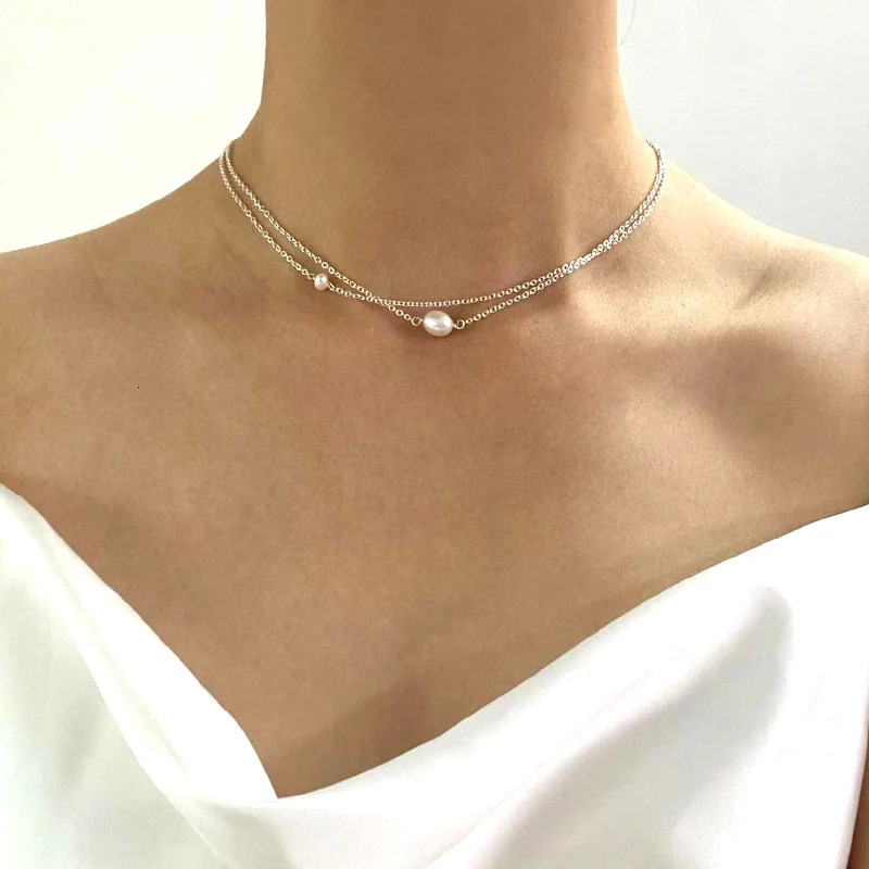 ASHIQI Natural Freshwater Pearl Double Necklace 925 Sterling Silver Chain for Women Female Pearl Choker Fashion Jewelry 250222