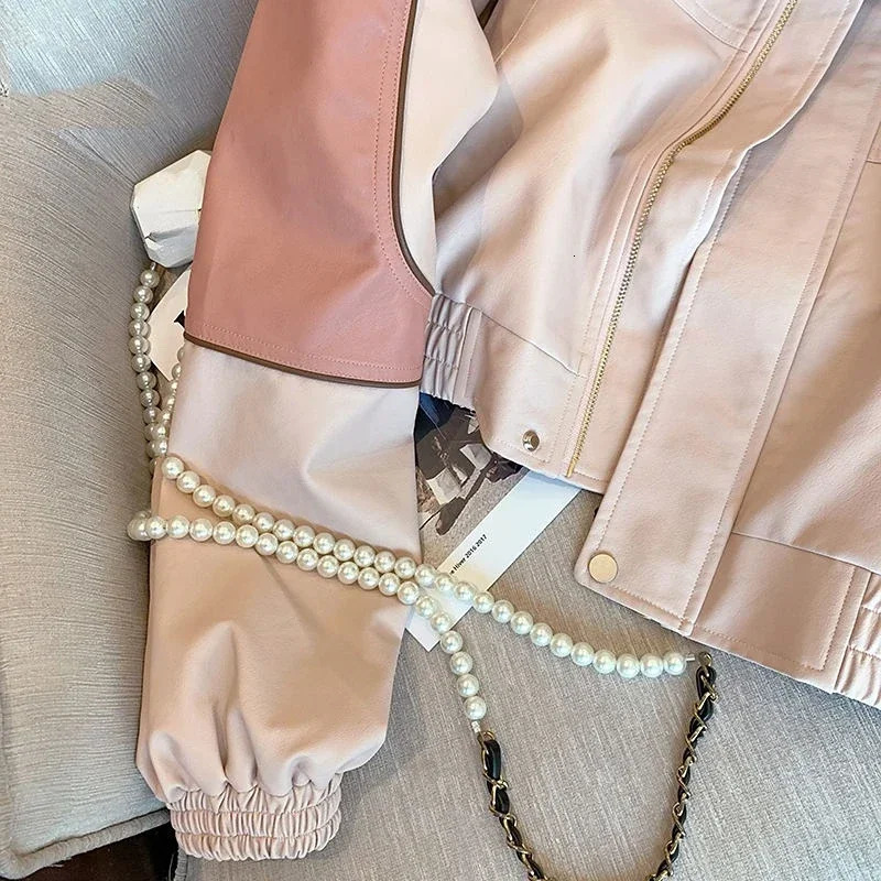 Pink Casual Leather Coat for Women Spring Loose Streetwear Lapel Long Sleeve Jackets Korean Style Chic Vintage Tops 250227