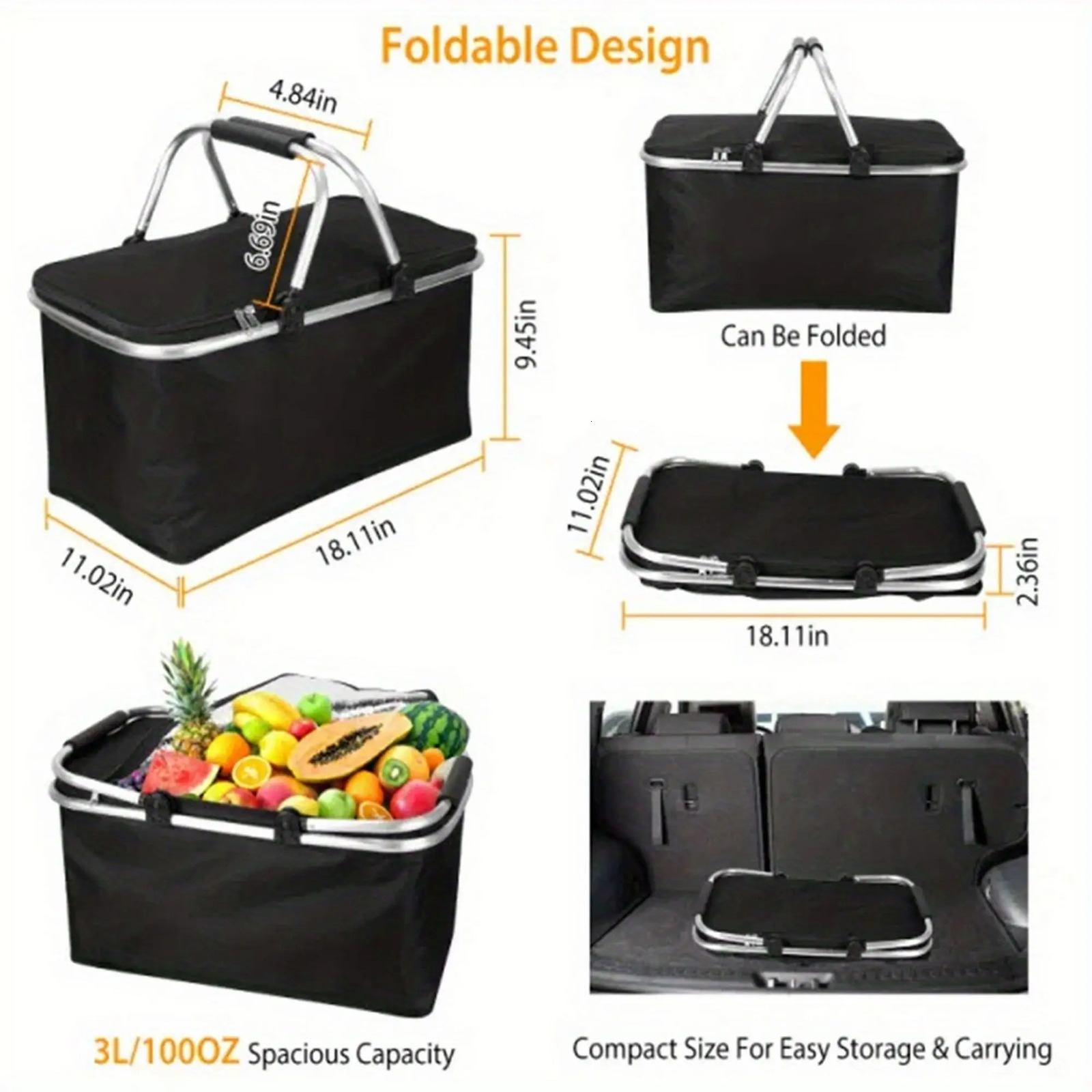 Ship from US Large capacity insulated basket picnic bag foldable shopping preservation lunch Black 250227FBB
