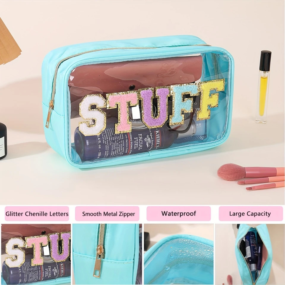 Ship from US 1pcs Clear Chenille Letter Patch Bag Preppy Makeup Bags Cosmetic Zipper Pouch Transparent Waterproof PVC Nylon Portable Travel M 250227FB