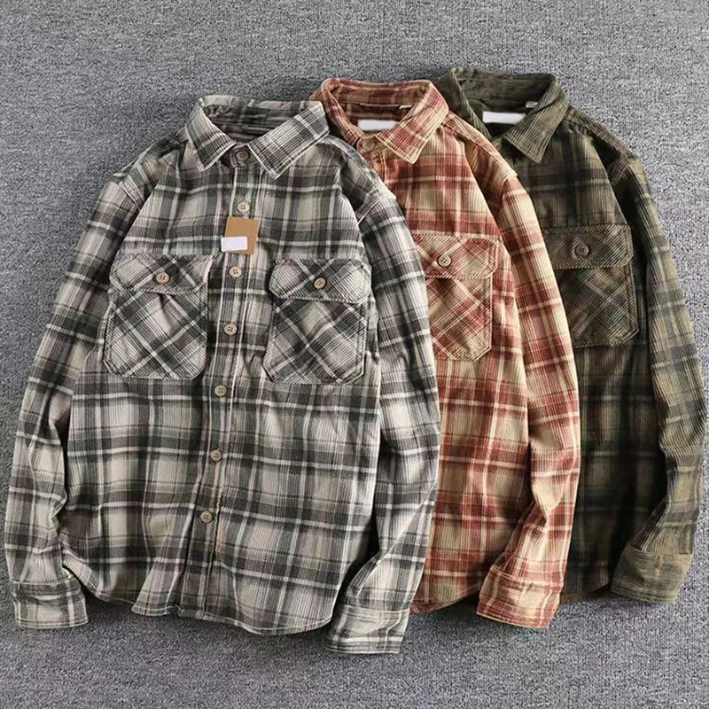 Vintage Japanese Mens Plaid Long Sleeve Shirt Spring Autumn Fashion Comfortable Corduroy Artistic Trendy Classic Shirts Tops 250226