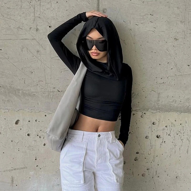 CIBBAR Solid Folding Hoodie Womens Grunge y2k Full Sleeve Tight Tshirt Harajuku Street Style Autumn Casual Retro 250226