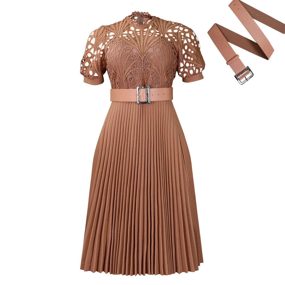 D499 European and American women's short sleeved lace patchwork pleated formal dress 2025 new style temperament chic elegant clothing