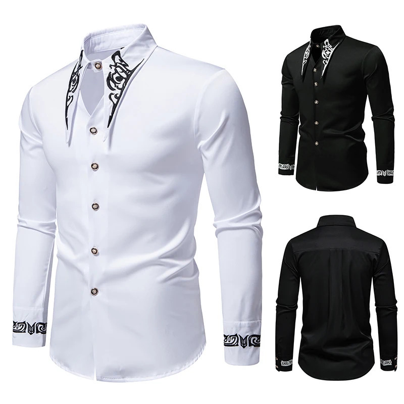 Men Long Sleeve Shirts Floral Collar Mens Dress Shirt Male Groomsman Clothes Chemise Hemd Homme Shirts S65 250224