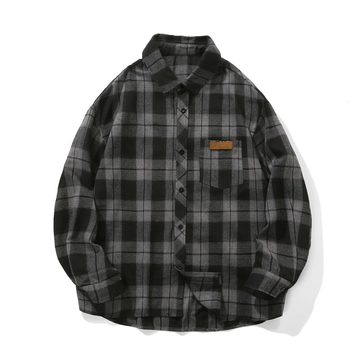 Vintage Mens Plaid Shirt Oversized Outer Top Clothes Casual Long Sleeve Checked Overshirt Single Pocket Buttons Blouse Male 250226