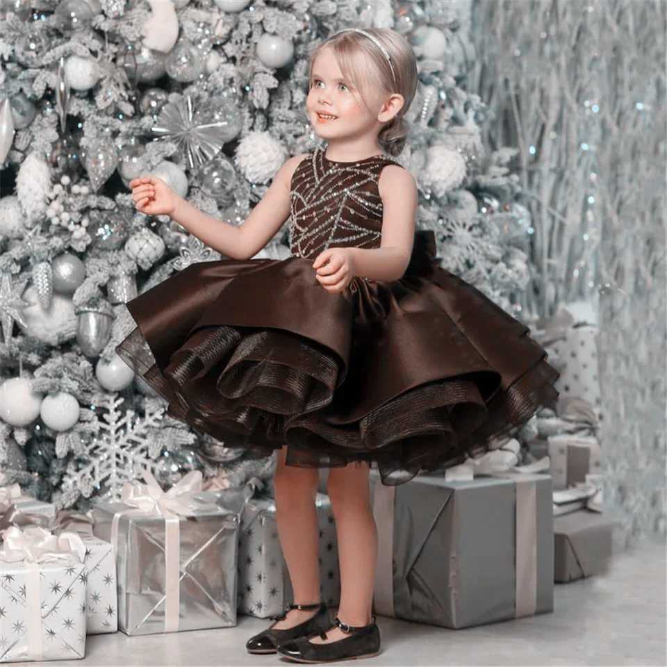 Girl's Dresses Brown Cute Flower Girl Dress Satin Tulle Fluffy Glitter Bow Sleeveless Wedding Birthday Gift Party Princess Dress Y25022755Q3