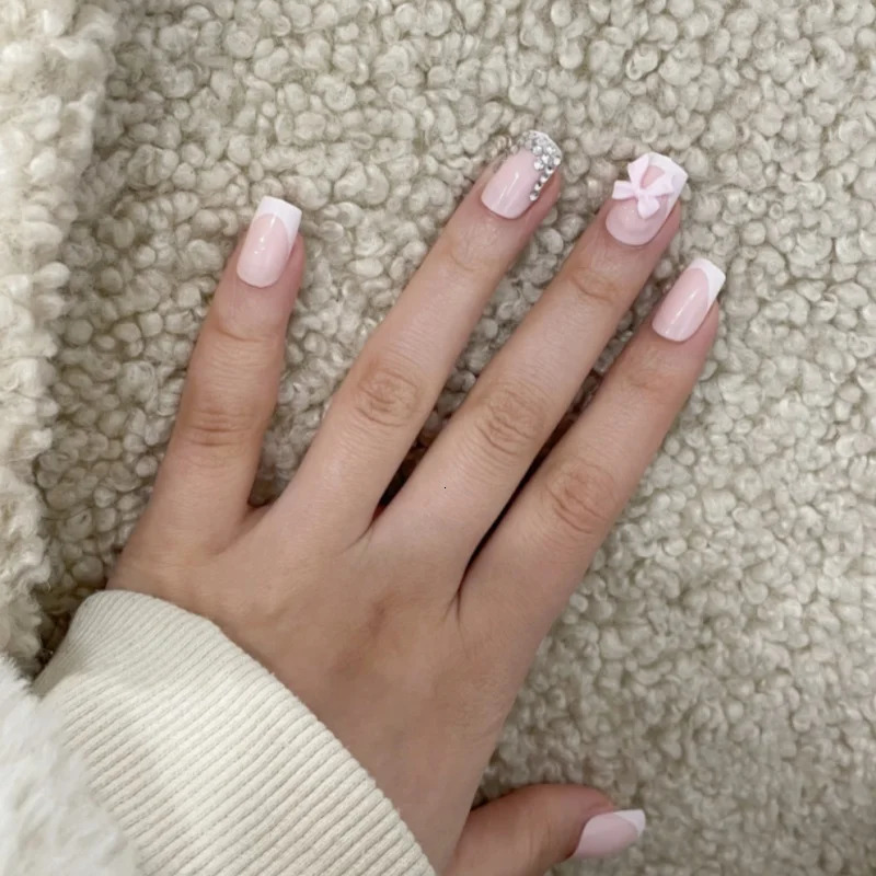 24Pcs Pink French PressOn Nails Set Square Full cover Nail with 3D Bow Glitter s White Tips for Women Girls 250217