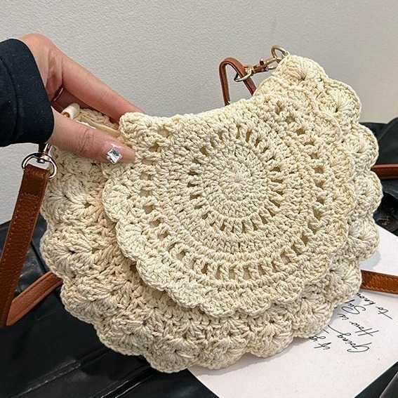 Bohemian style cotton thread woven bag for women 2025 new fashion hollow circular crossbody phone bag beach bag