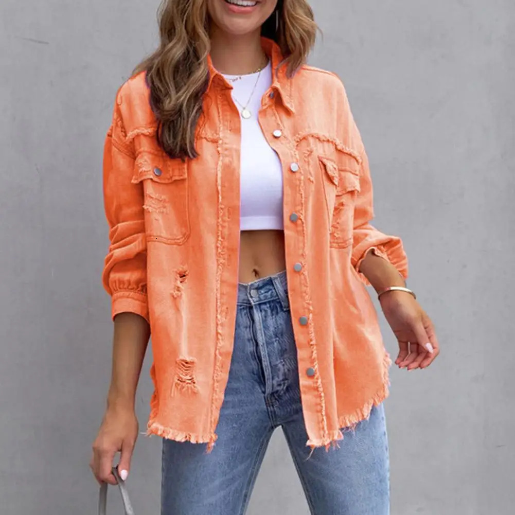 Womens Jacket Ripped Pocket Decor Solid Color Outerwear Singlebreasted Long Sleeve Hip Hop Coat Streetwear Female Clothing 250227