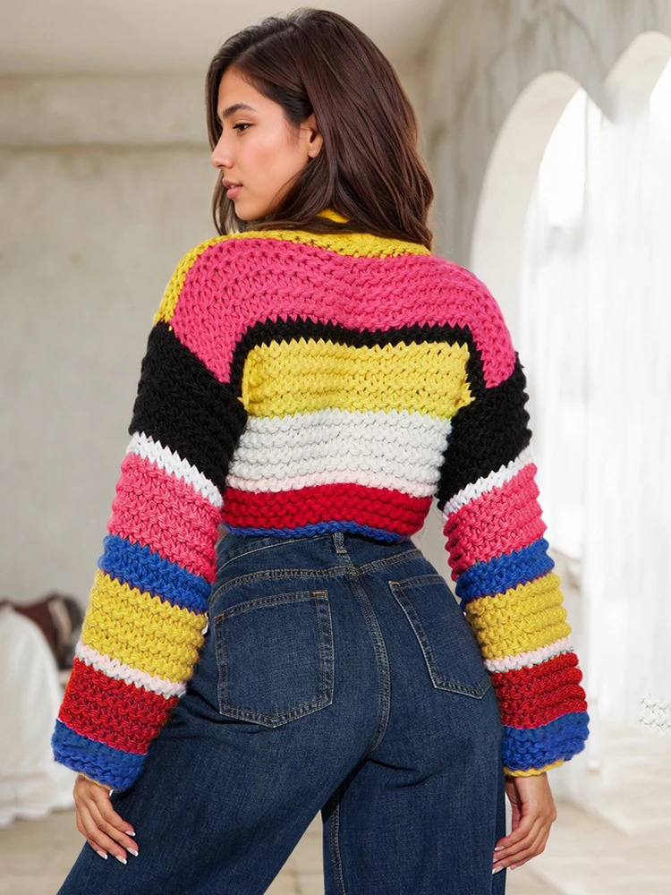 Weird Puss Colorful Stripe Knit Sweater Women Y2K Trend Balloon Sleeves Casual Simple Basic Wild Streetwear Hipster Crop Tops 250225