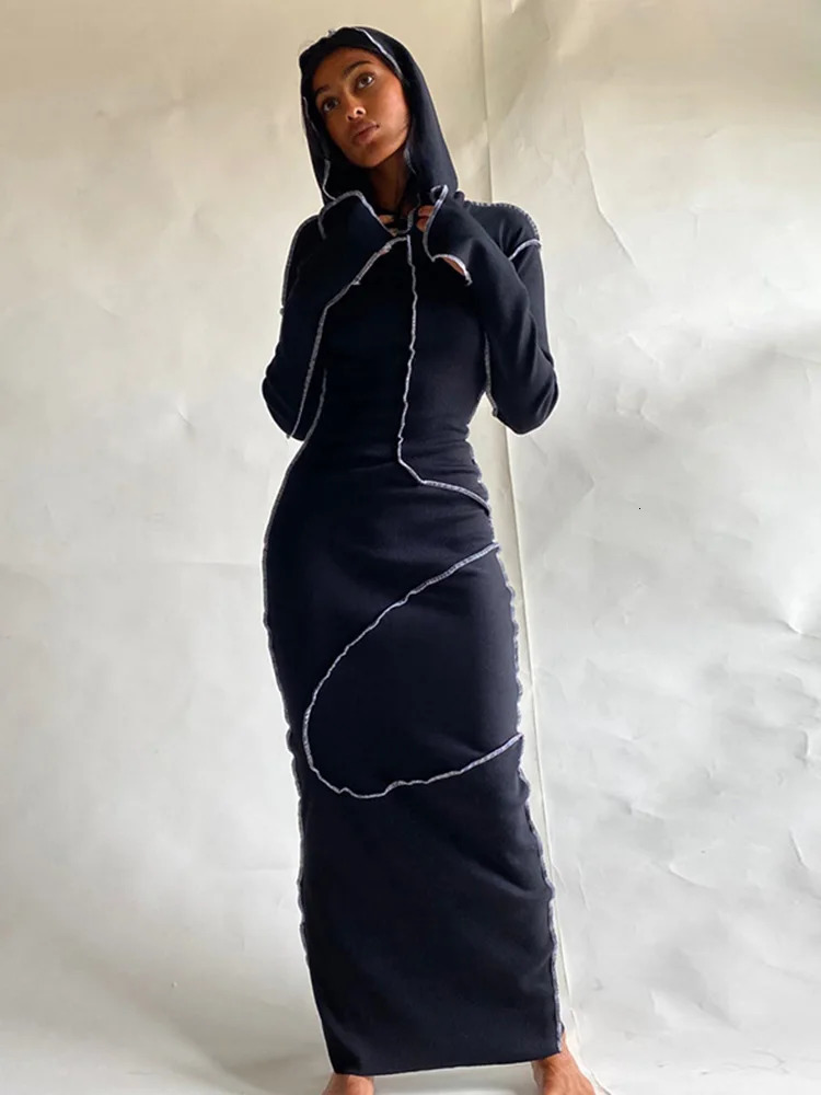 Hugcitar Long Sleeve Hooded Patchwork Skinny Maxi Dress Autumn Winter Women Fashion Streetwear Casual Outfits 250226
