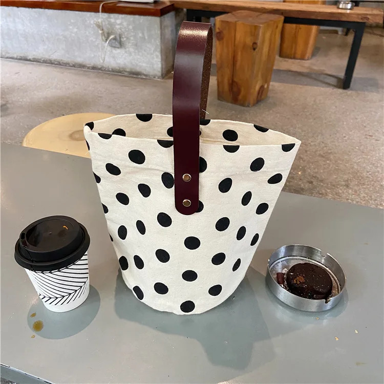 Ship from US French retro polka dot handheld canvas bag bento lunch box bucket for women 250227FBB