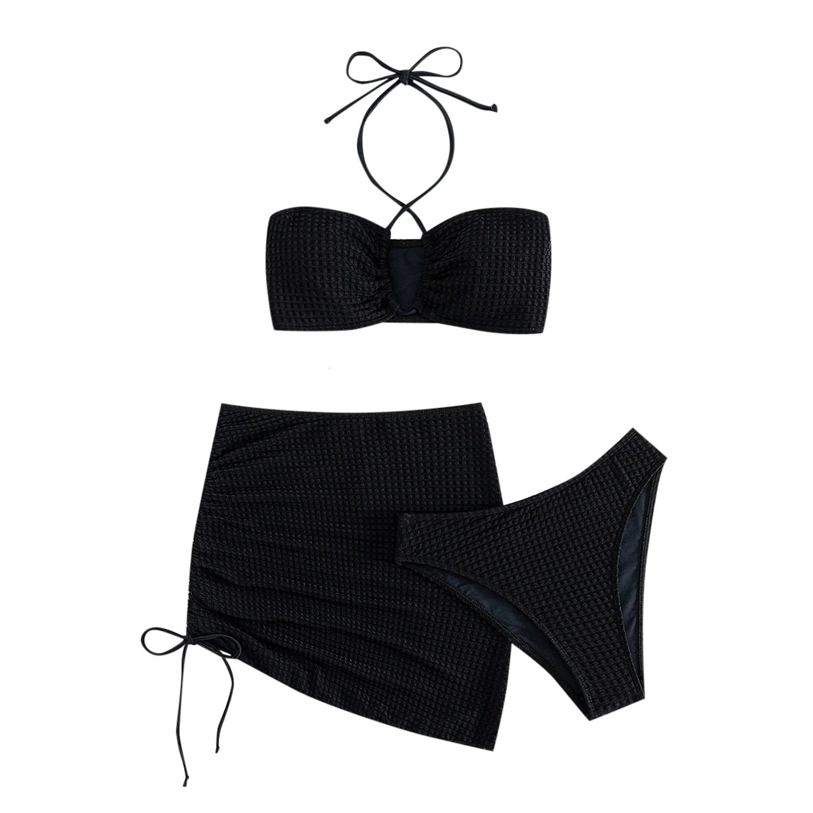 WomenS Sexy Bikini Swim Plain Swimsuit With Beach Skirt Solid Color Strap Tight Smocked Bikini Top With Straps Bathing Suits 250226