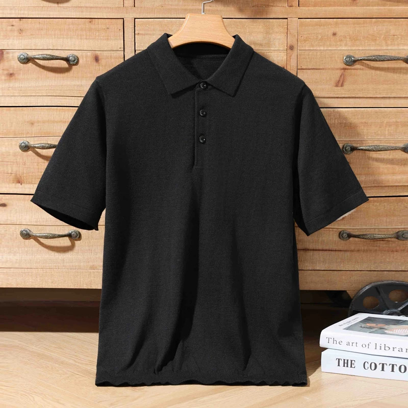 Spring Summer Men Short Sleeved Pure Wool T-Shirt Sweater Polo Collar Solid Color Tees Pullover Knitted Sweater Casual Tops 250224