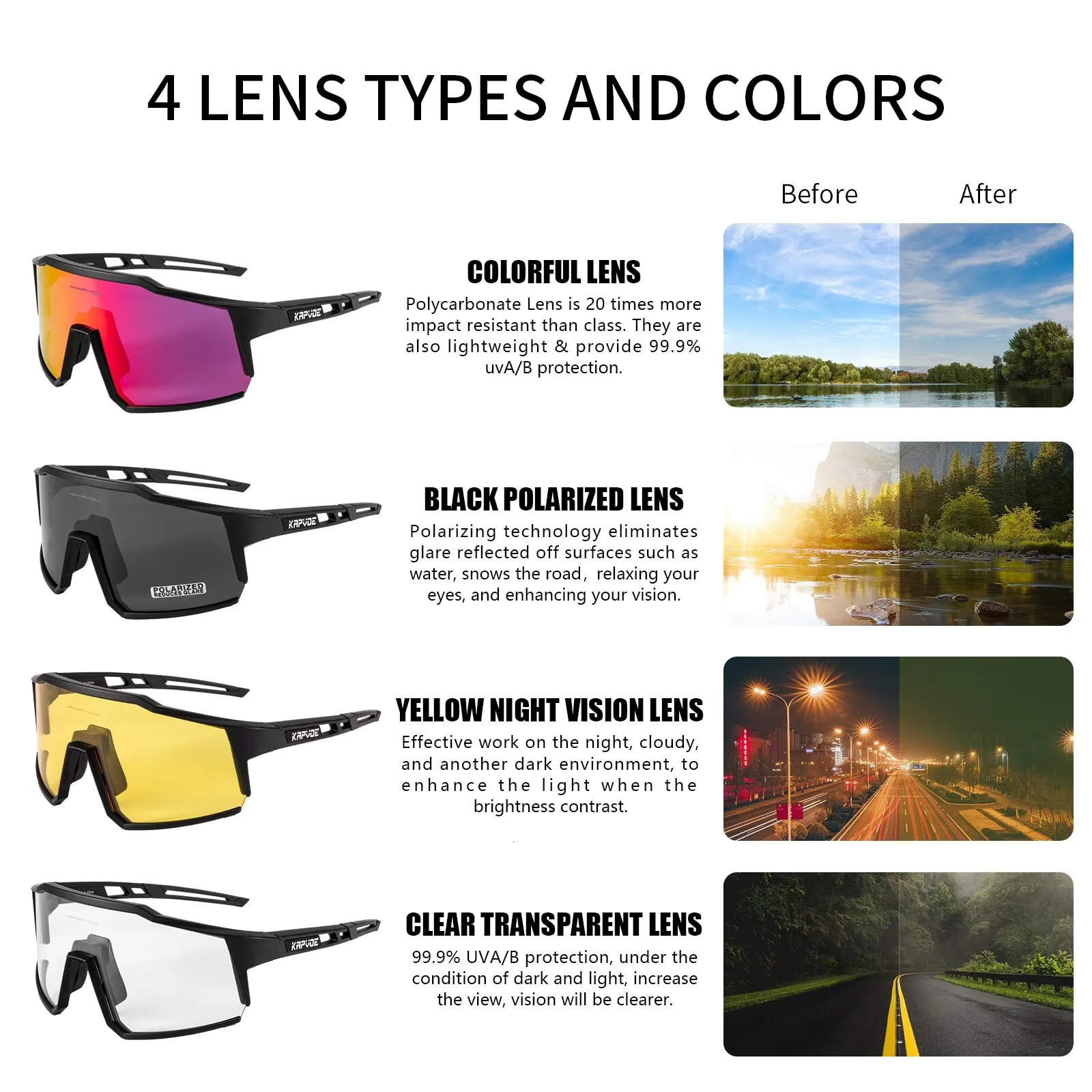 Kapvoe Cycling Glasses Polarized Road Bike Glasses UV400 Protection Sunglasses Ultra Light Sport Eyewear Equipment 250221