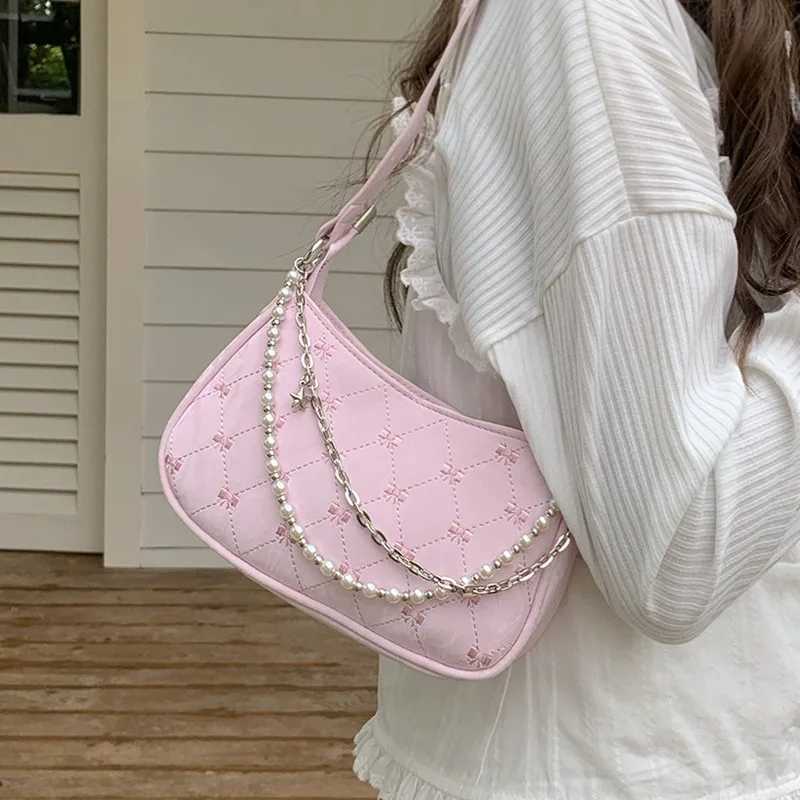 Pink Womens Shoulder Bag Elegant Cute Bow Pearl Chains Bow Embroidery Handbag Casual Leather Korean Female HandbagXJ250227