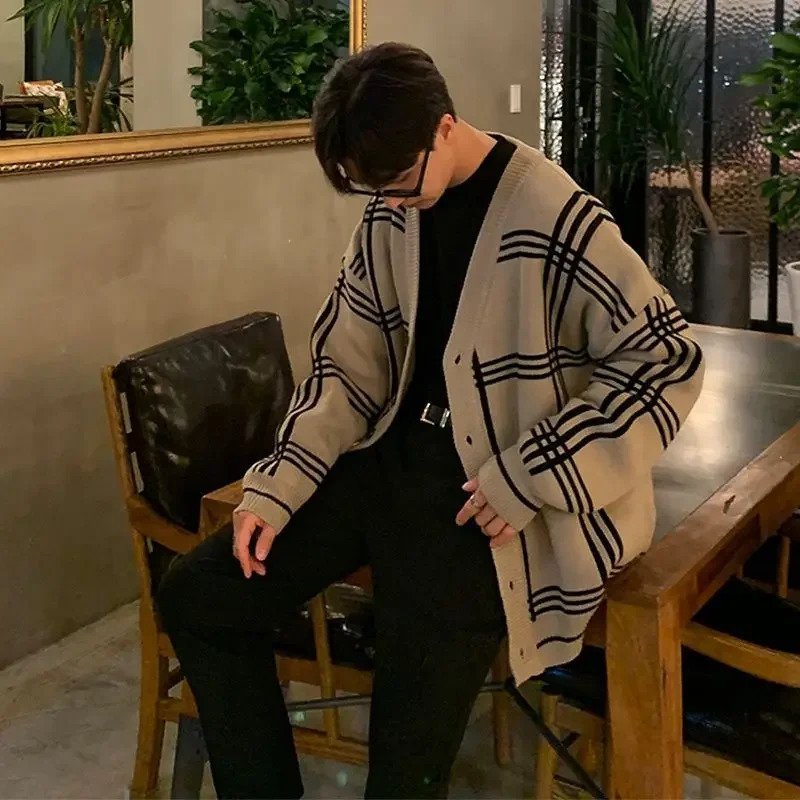 Vneck Knitted Open Collar Mens Fashion Loose Lazy Style Minimalist Checkered Sweater Casual High End Jacket Top 250226