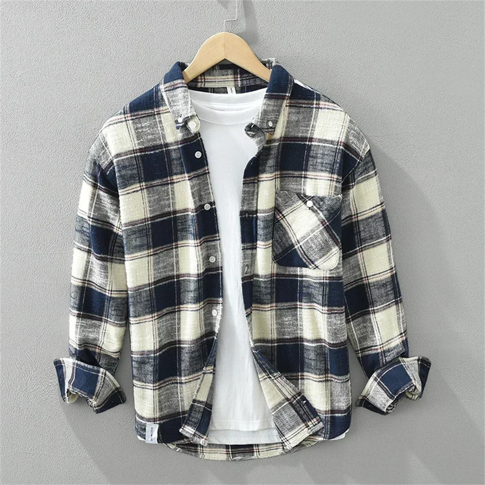 Autumn mens check shirt cotton long sleeve clothing fashion soft casual shirts for men loose plaid Young tops 250226