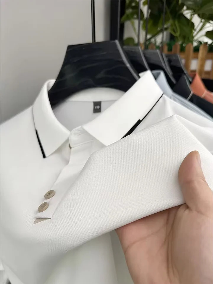 High quality ice silk short sleeve T-shirt mens summer fashion solid color lapel top cool breathable casual POLO shirt 250225