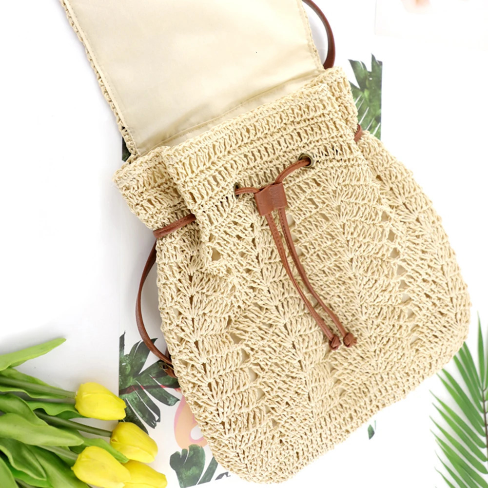 Ship from US Women Straw Backpack Shoulders Bag Handmade Woven Casual Beach Top Handle 250227FBB