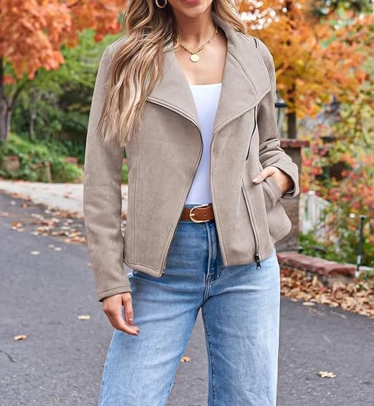 fashion casual jacket womens short with lapel and diagonal zipper 250227