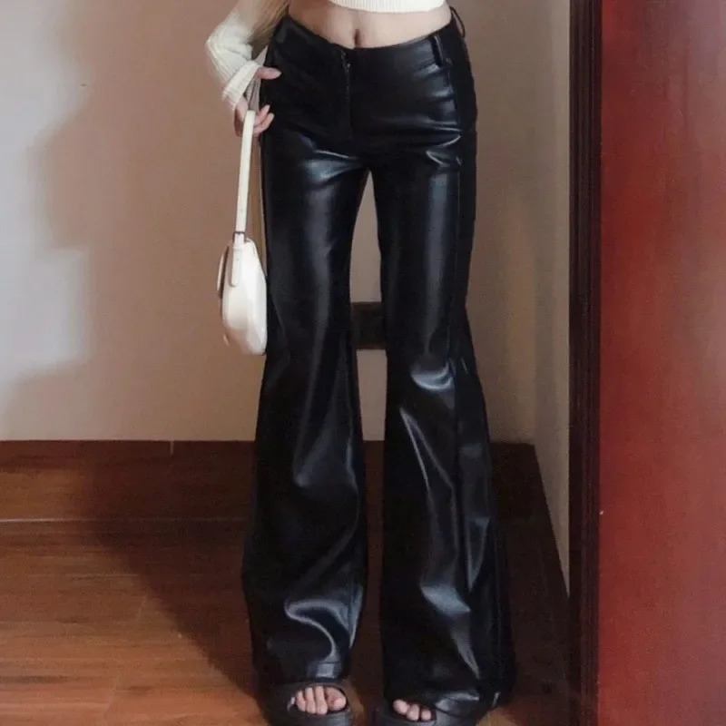 Black Pear-Shaped High-Waisted Plus-Size Wide-Leg PU Leather Pants Womens Bell-Bottom Pants Autumn Season 250226