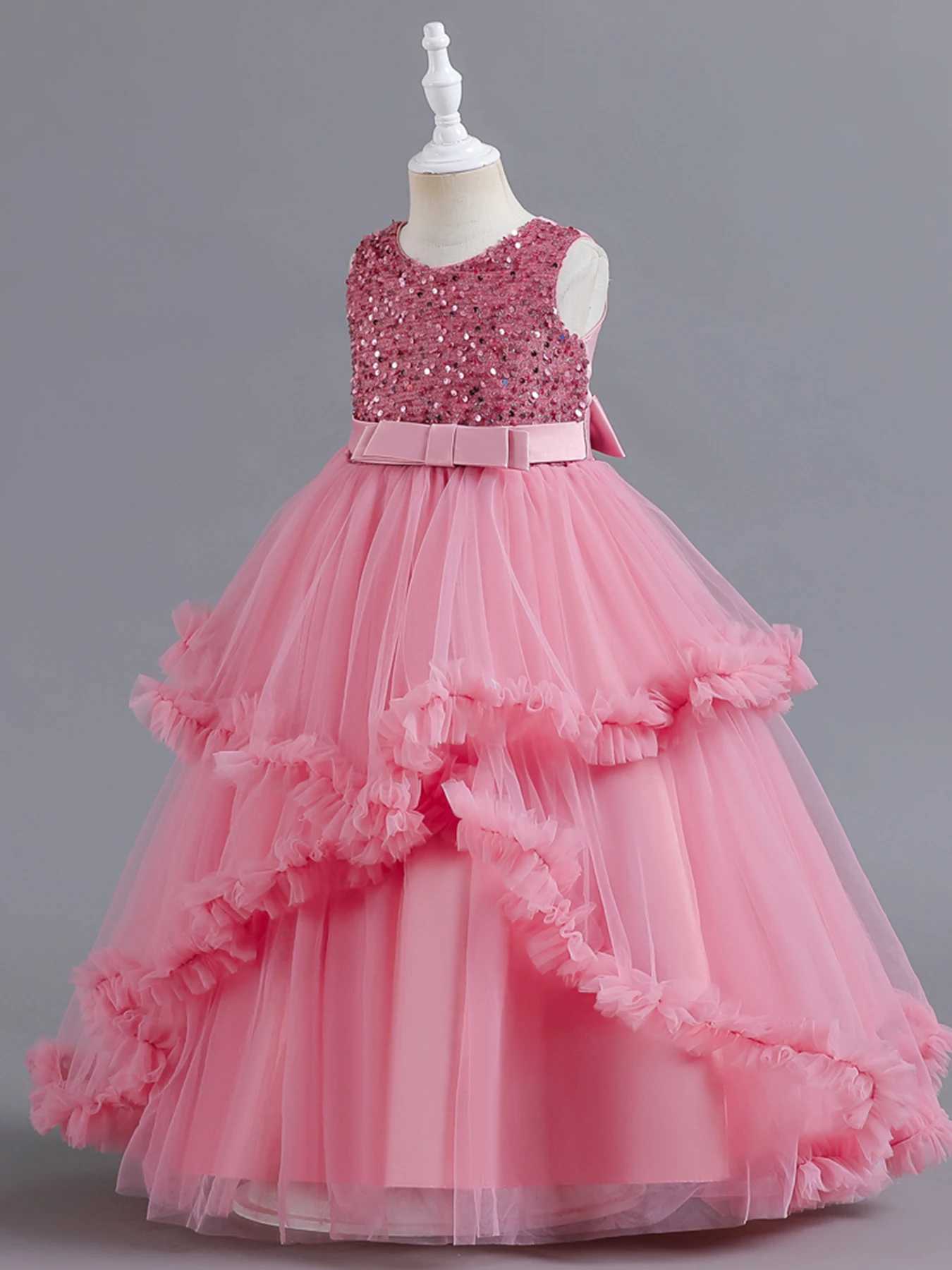 Girl's Dresses Pink KId Sequin Sleeveless Ball Dress Girl fluffy Princess Dress Birthday Party Evening Ceremony Stage Performance Dress Y250227GK