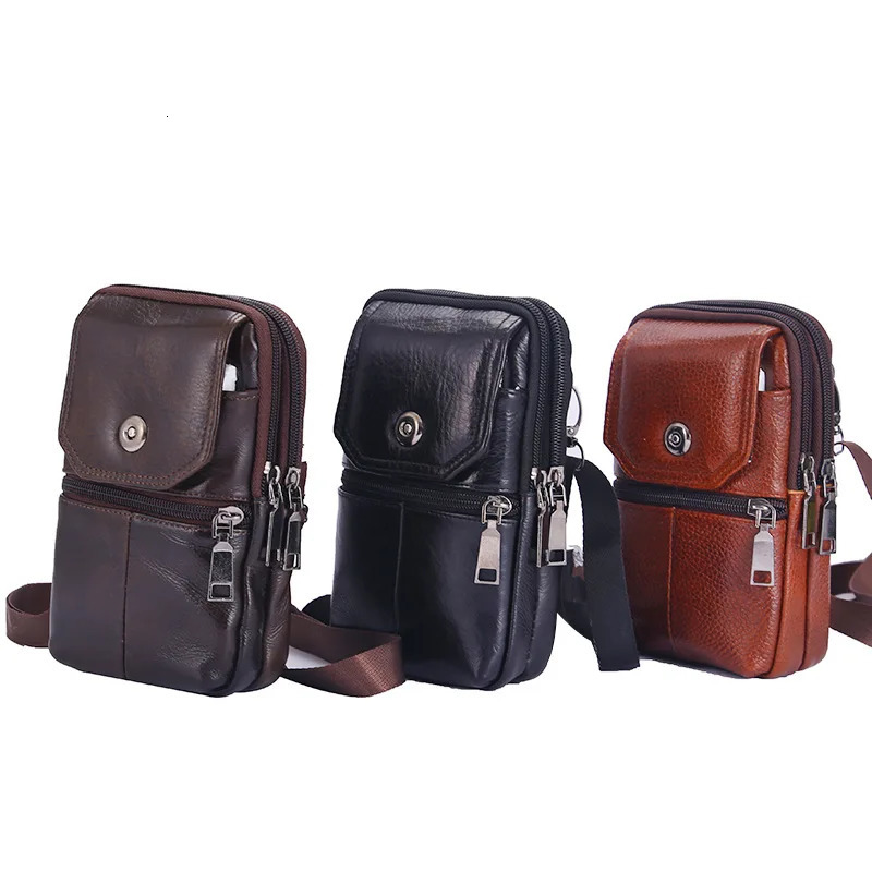 Ship from US Fashion Mens Messenger Bag Cowhide Leather Mobile Phone Shoulder Small Travel Waist MultiPockets Male Chest 250227FBB