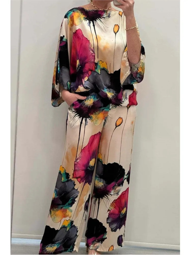 Casual Sets for Women 2 pieces Summer Fashion Printed Satin Two Piece Sets Women Sexy Round Neck TopWide Leg Long Pants Outfits 250320