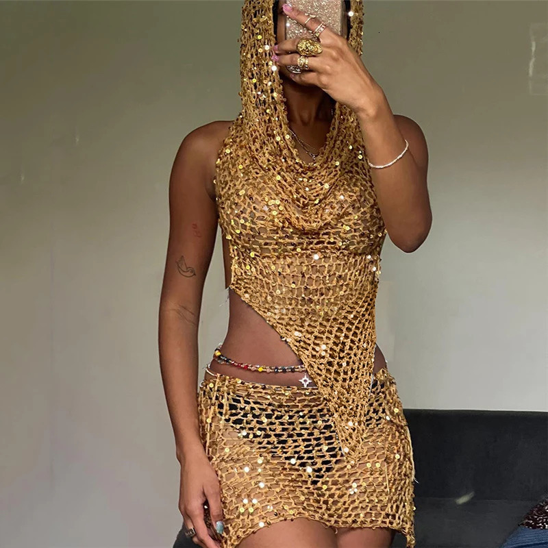 Gtpdpllt Y2k Sexy Two Piece Set Hollow Out Knit Sequin Hooded Crop Top And Mini Skirt Crochet Rave Festival Outfits For Women 250226