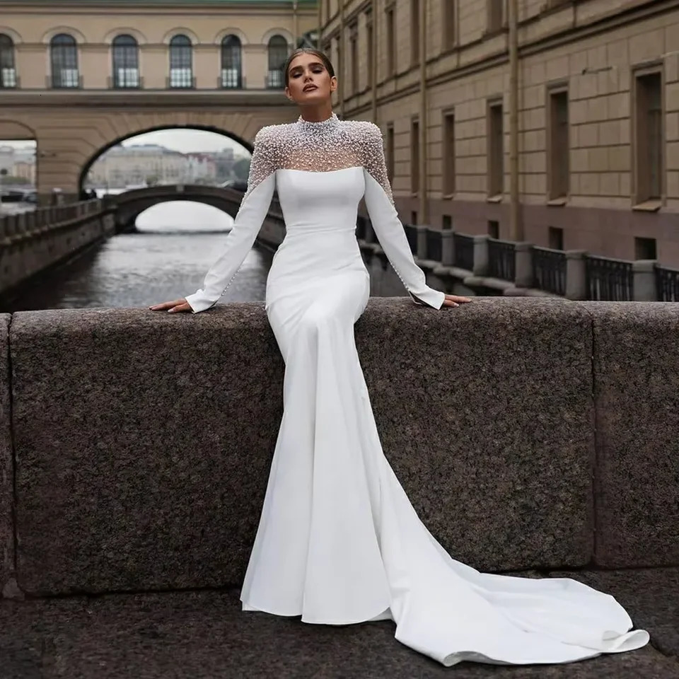 Customzied 2025Mermaid Wedding Dresses Long Sleeve Church Sweeping Train Pearl Turtle Neck Womens Bridal Gowns for Formal Occas 250224