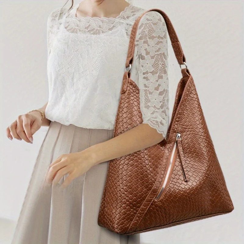 Ship from US Woven Pattern Tote Bag Womens Classic Geometric Shoulder With Multiple Pockets PU Leather Hobo Purse Perfect For 250227FBB