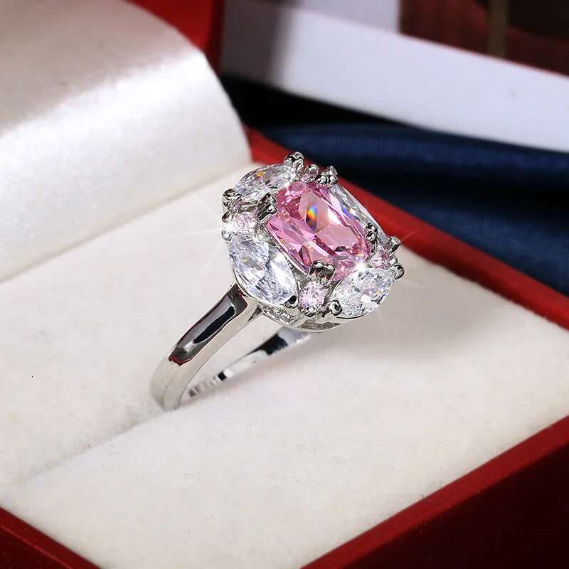 2024 Classic Moissanite Gemstone Ring For Ladies Stamp Pink White Zircon Wedding Engagement Jewelry Gift