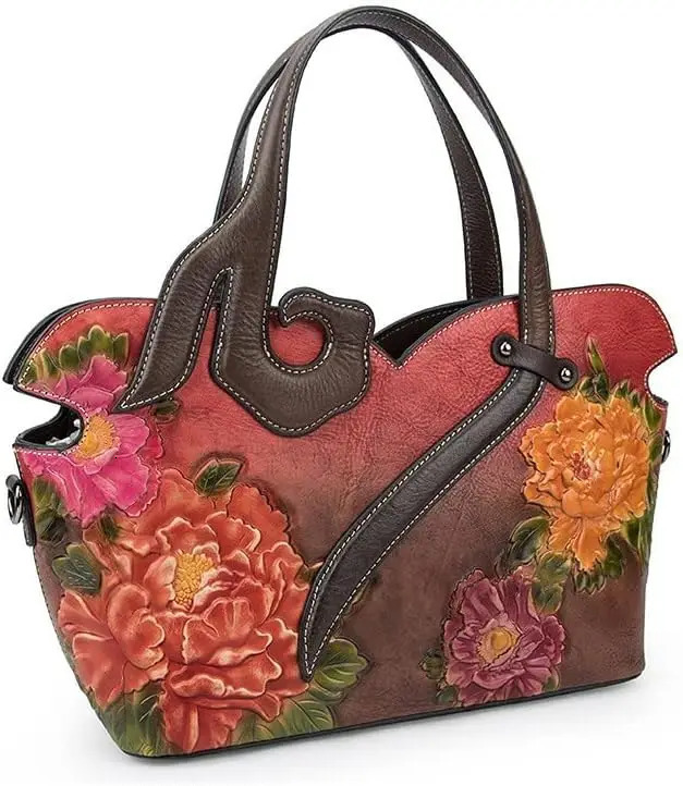 Ship from US Flower genuine leather womens handbag vintage denim shopping shoulder bag 250227FBB