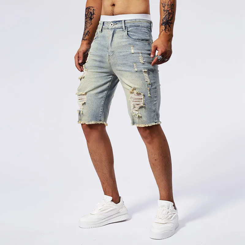 2025 Summer Mens Ripped Denim Shorts Fashion Vintage Hole Streetwear Stretch Slim Knee-length Short Pants Trendy Male 250226