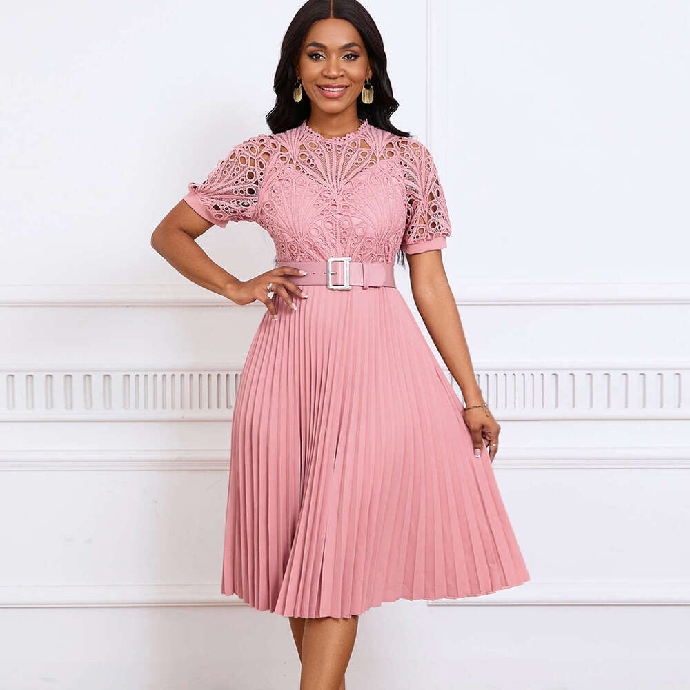D499 European and American women's short sleeved lace patchwork pleated formal dress 2025 new style temperament chic elegant clothing