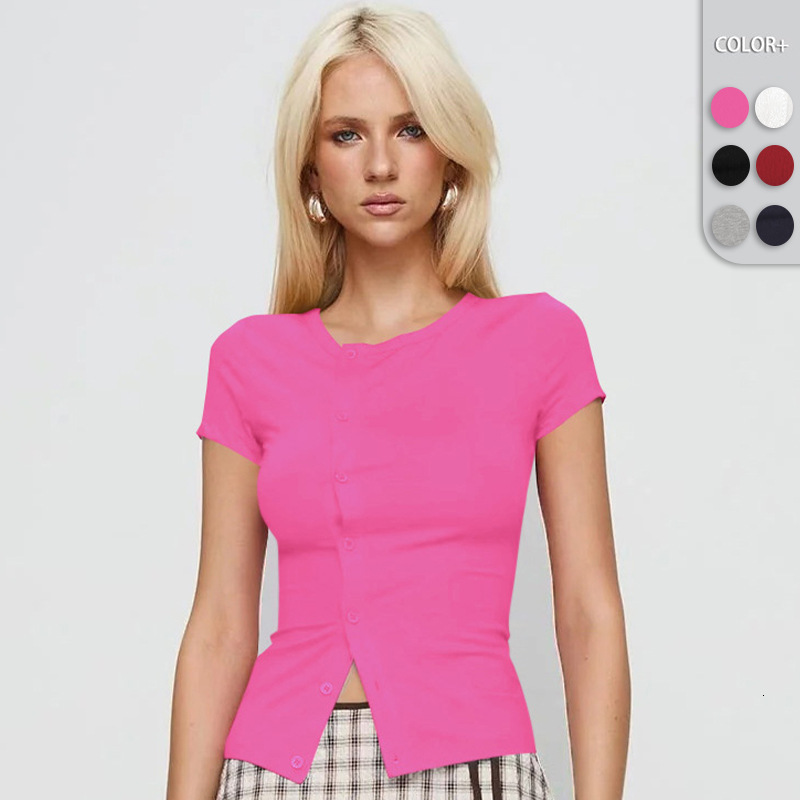 2025 Spring/Summer Women's New Round Neck Fashion Design Solid Color Button Slimming cardigan Spicy Girl T-shirt