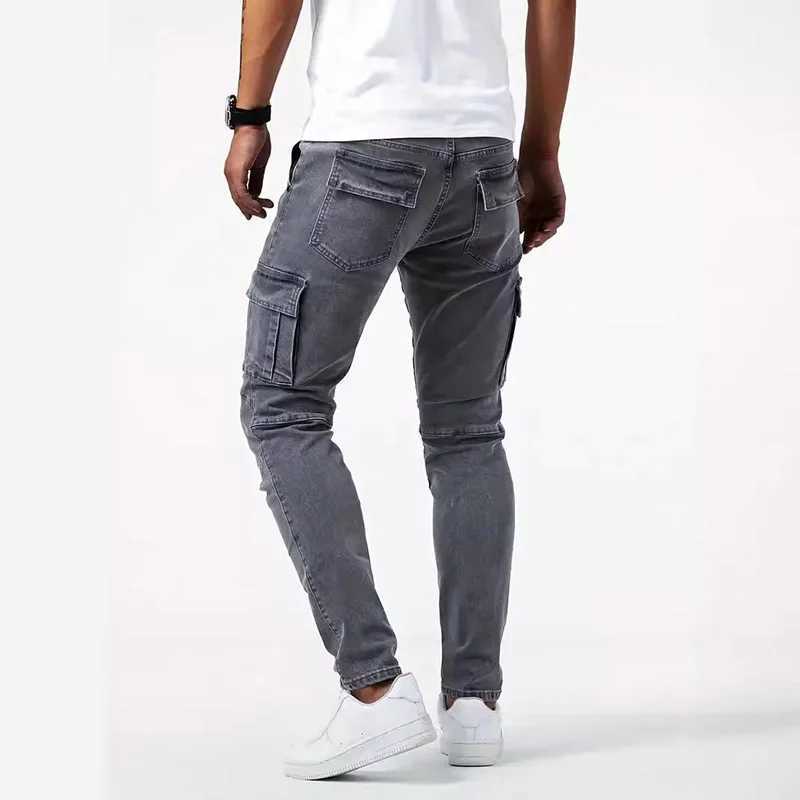 Street Elastic Jeans Pencil Pants Mens Denim Cargo Pants Solid Color Multi Pockets Casual Trousers Slim Fit Wear Joggers Brand X250227