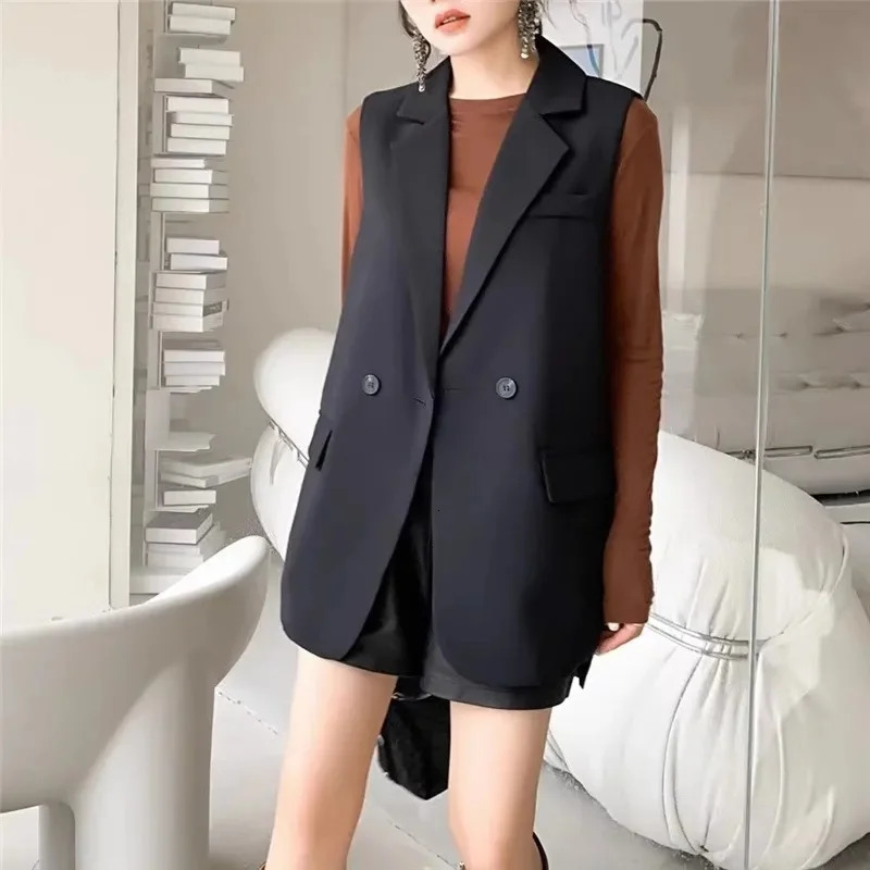 Vintage Sleeveless Blazer Vest Fashion OL Casual Lapel Suit Blazer Summer Women Office Double Breasted Suit Coats 250226