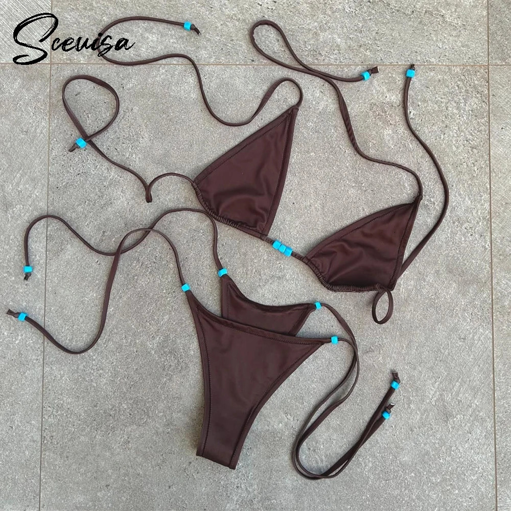 sexy low rise bikini set mini swimsuit womens Strappy solid suspender thong 250227