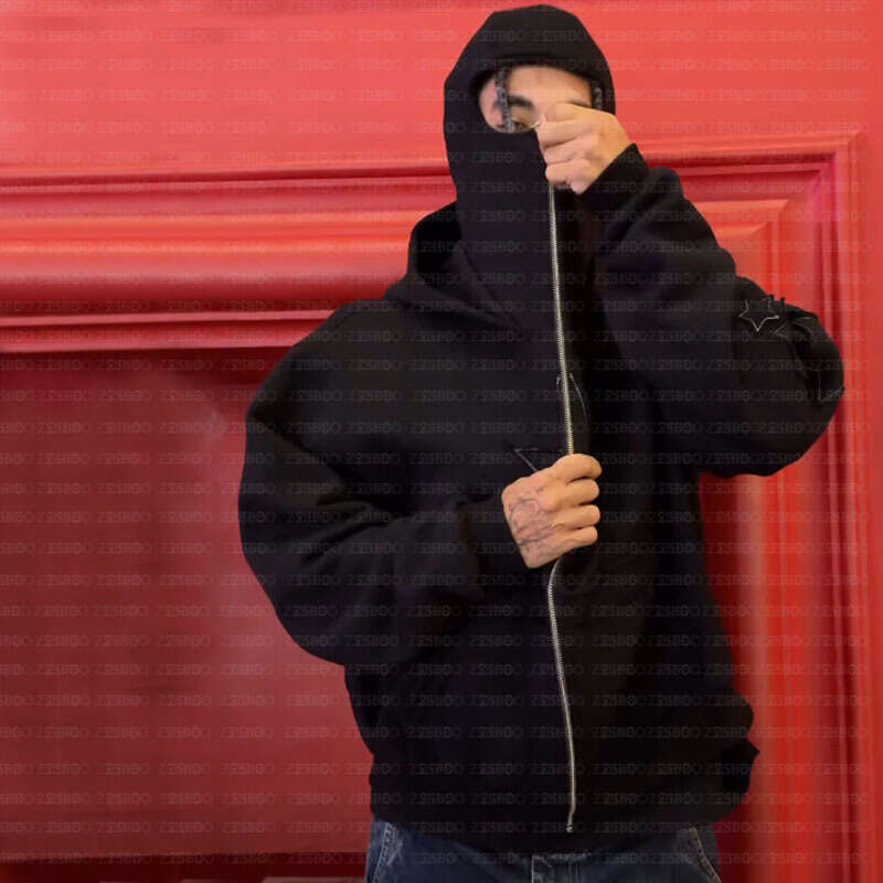 Daily personalized zipper, star patch fabric, casual cardigan, dark pocket top, hooded sweatshirt, autumn and winter hoodie