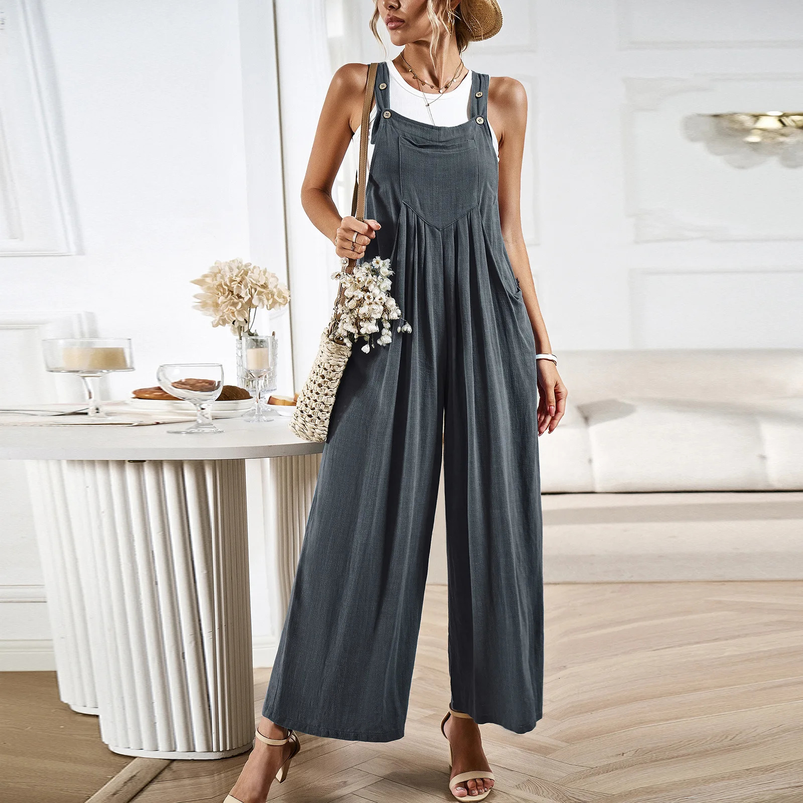 YJKDYK Spring Summer Womens Suspender Trousers Female Solid Color Loose Wide Leg Jumpsuit Pants Clothing 250227